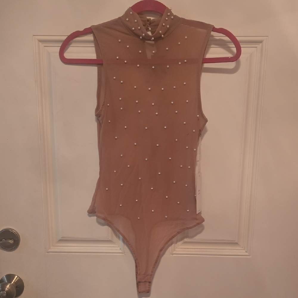 Elegant Pearl-Embellished Tan Bodysuit